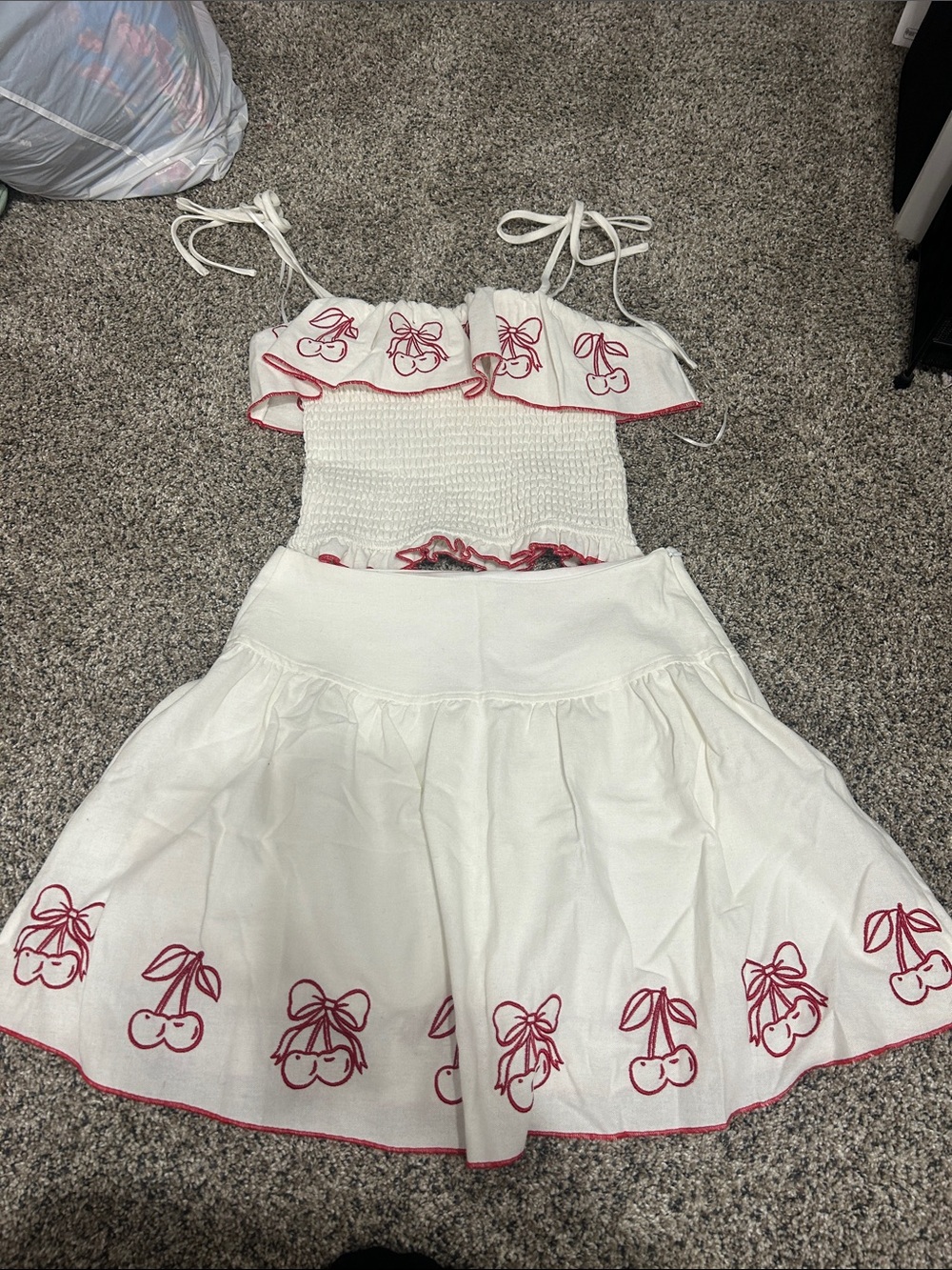 White Cherry Embroidered Skirt Set - Cute Summer Two-Piece